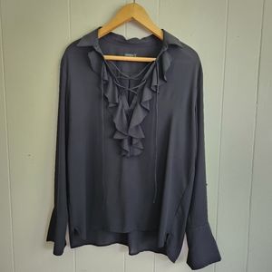 Ann Taylor blouse frill ruffle laceup lace up flip up cuffs long sleeves M